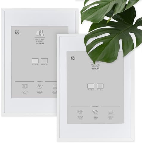 Blumtal – 2er Set Bilderrahmen 50x70 cm, hochwertiger Fotorahmen Berlin aus Holz mit Passepartout, zum Aufhängen, weiß