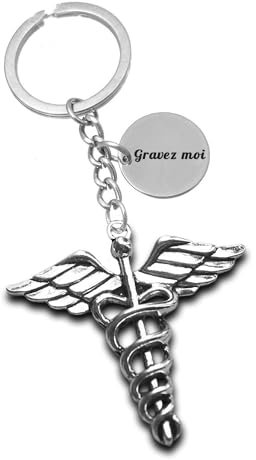 Porte-clés Caducée Médicale Argenté Gravure Personnalisée Sur Médaille