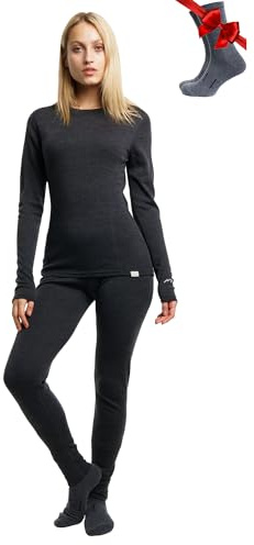 Merino.Tech 100% Vetement Femme Ensemble Laine Merinos + Chaussettes (XX-Large, 165 Lite Heathered Black)