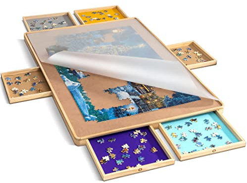 Becko US Puzzle Board with Cover & 6 Press Open/Close Drawers, Wooden Jigsaw Puzzle Table with Colored Drawers, Portable Puzzle Storage with Smooth Flannelette Tabletop for 1500 Piece Jigsaw Puzzles