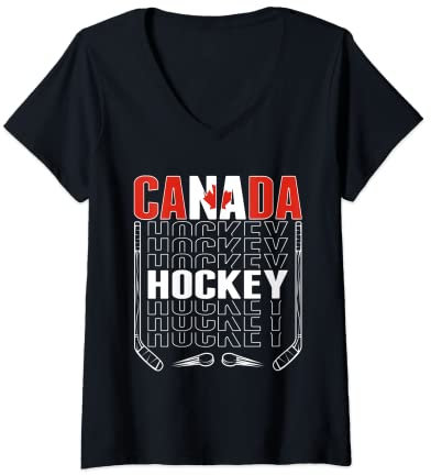 Damen Canada Ice Hockey Fans Jersey Kanadische Flagge Hockeyschläger T-Shirt mit V-Ausschnitt