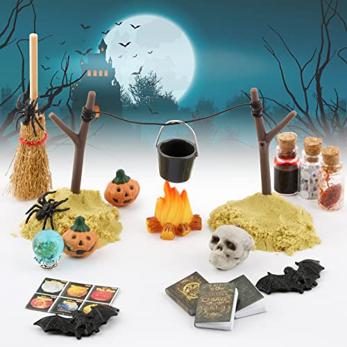 BETESSIN 22 pcs Miniature Halloween en Résine Ornements Micro Paysage Forme Citrouille Araignée Chauve-Souris Crâne Livre Balai Mini Décoration Bricolage pour Halloween Fête