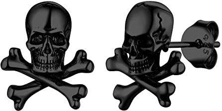 Suplight Clou d'oreille en Argent 925 Tête de Mort Crâne Boucles d’Oreilles Bijoux Viking pour Homme X Os Noir