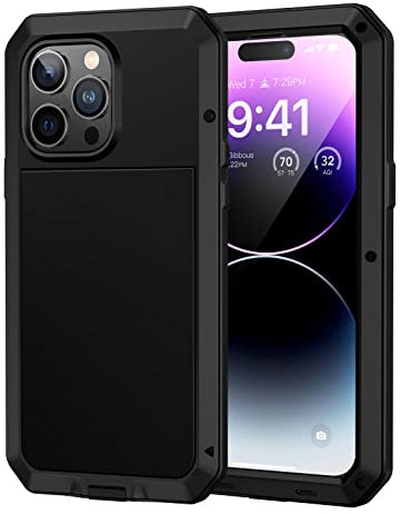 Lanhiem for iPhone 14 Pro Case Heavy Duty Shockproof Cover Tough Armour Metal Case with [Tempered Glass Screen Film], 360 Full Body Protective Case Cover for iPhone 14 Pro - Black
