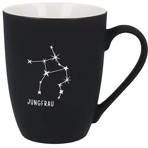 Spruchreif | Soft-Touch Tasse Schwarz Jungfrau – Beidseitig gravierte Tasse mit Sternzeichen-Motiv | Persönliches Geschenk für Jungfrau-Geborene
