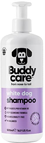 Hundeshampoo Weißes Fell von Buddycare - Aufhellendes und Aufhellendes Shampoo für Hunde - Tiefenreinigung, frisch duftend - Shampoo für weiße Hunde Mit Aloe Vera und Pro-Vitamin B5 (500ml)