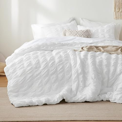 Bedsure Cooling Seersucker Comforter Sets Queen Size Bed 7 Piece, Soft Lightweight White Bedding All Season Queen Bed in a Bag Set With Comforters, Sheets, Pillowcases & Shams