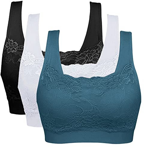 Vertvie Womens Strech Ohne Buegel Push up Yoga Sports BH Bra Top Set Fuer Fitnesstraining Polsterung 3er Pack (EU XL/Tag XXL, Schwarz+Weiß+Dunkelgrün)