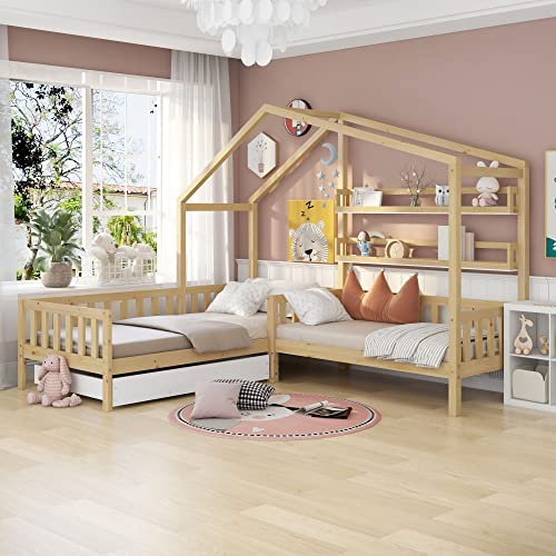 Kinderbett Hausbett mit Schubladen und Regalen, Massivholz mit Zaun und Lattenrost, L-Struktur, (90x200 cm+140x70cm) (Natur)