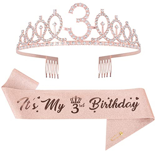 Mikccer Rose Gold Birthday Sash and Tiara, Rhinestone Crown Headband for Girls' 3rd Birthday Party Accessories