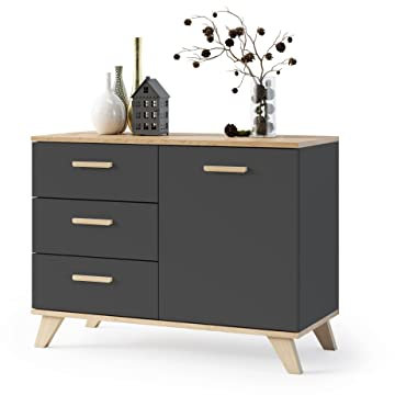 VBChome Kommode mit 3 Schubladen und 1 Türen 100x40x75 cm Anthrazit Griffe Schubladenkommode Holz Mehrzweckschrank für Flur Schlafzimmer Wohnzimmer Kinderzimmer