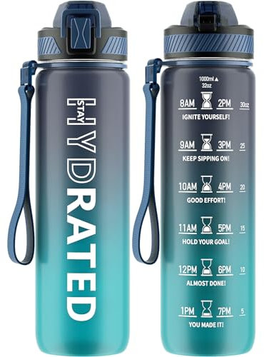QLUR Botella Agua, 1 Litro Botella Agua Gimnasio con Pajita, Antiderrame Botella de Agua Deportiva, Cantimplora sin BPA con Marcador de Tiempo y Cepillo para Oficina, Escuela, Yoga