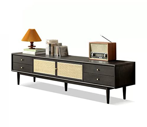 Fernsehständer, Rattan-TV-Schrank, Wohnzimmer, Medien, Unterhaltung, Mittelkonsole mit 6 Schubladen, Retro-schwarzer TV-Ständer, TV-Schrank