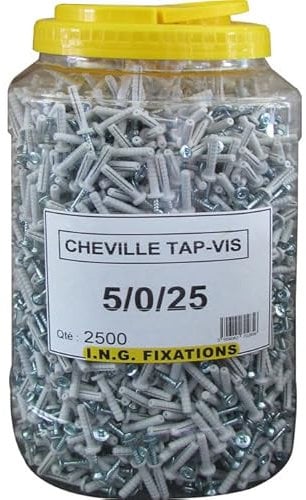 Chevilles à frapper collerette plate - diamètre 6 mm - 35 mm - Tap Vis - Seau de 1500 pièces - ING Fixation