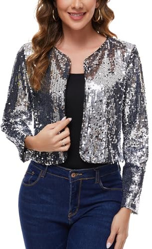 MINTLIMIT Kurze Strickjacke Damen Offene Cardigan Pailletten Langarm Bolero Elegant Bolerojacke (silbrig XXL)