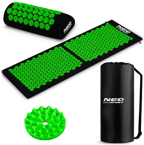 Neo-Sport - Akupressurmatte mit Kissen und Tragetasche - Set - 125 x 46 cm - Abnehmbarer Bezug aus Baumwolle - Stachelmatte für Ganzkörpermassage, Akupunktur - Schwarz & Grün