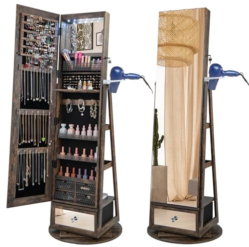 GOPLUS Armoire à Bijoux avec Miroir sur Pied, 4 en 1 Armoire à Bijoux Pivotante à 360, Lumière LED, Support pour Sèche-Cheveux, Miroir Pleine Longueur, Rangment de Bijoux pour Chambre (Marron)