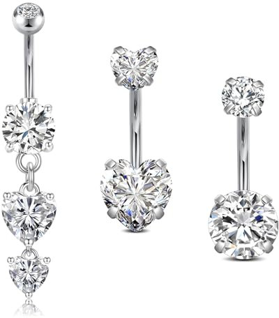 WillTen 3Pcs Silber Bauchnabelpiercing Chirurgenstahl, 14G 10mm Bauchnabelpiercing Schmetterling Herz Bauchnabelpiercing Set mit Anhänger, Piercing Bauchnabel Belly Piercing Bauchnabelpiercing Ring