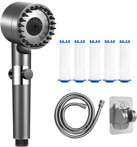Alcachofa de ducha universal, alcachofa de ducha con mangueras 1,5 m, cabeza de la ducha de ahorro de agua con soporte Ahorro de la ducha, sin perforación,alcachofa de ducha con 5 filtro