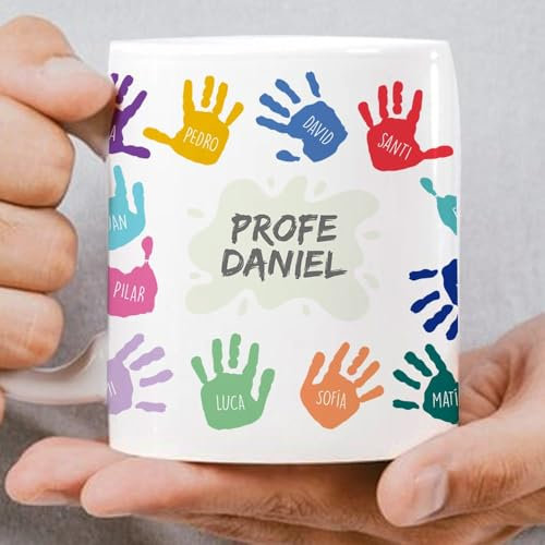 Transparent Gift Taza Personalizada con Nombres y Texto Manos Colores. Regalos Originales para Profesores, Profesoras. Tazas Personalizadas para Regalar de Cerámica. Regalos Personalizados para Profes