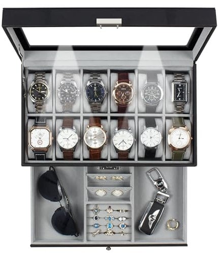 GUKA Uhrenbox mit 12 Fächern, Uhren-Organizer, Leder-Schmuckkästchen, Schublade, Glas, Geburtstag, für Männer, Frauen, Kind, Ehemann, Vater, GK-012-BKGREY-LED-24