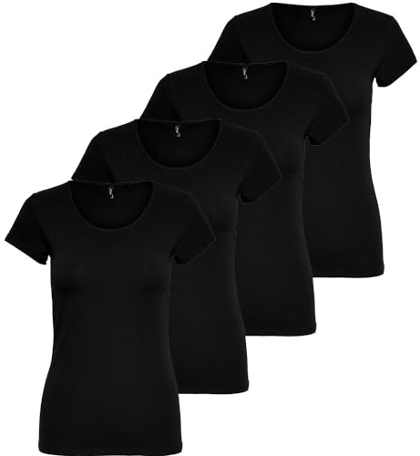 ONLY Damen 4er Pack T-Shirt Live Love Kurzarmshirt Basic Baumwollmix schwarz weiß Farbmix XS S M L XL