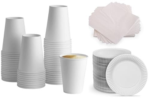 HOT BARGAINS 7oz Single Wall Paper Cups with Napkins and Plates, White, 100 Cups + 100 Napkins + 100 9-Inch Plates