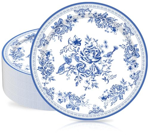 Whaline 40 platos desechables de papel con flores azules y blancas de 9 pulgadas, platos decorativos de postre para primavera, boda, novia, baby shower, cumpleaños, suministros de fiesta de té