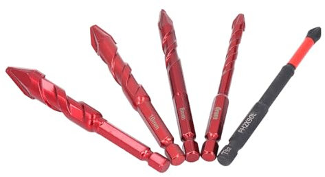 5 teiliges Set Exzenterbohrer, Betonbohrer Set für Fliesen, Ziegel, Kunststoff und Holz, 6 8 10 12 Mm 1/4 Zoll Sechskantschaft Schrägkopf Exzenter Spiralbohrer mit PH2 Bohrer