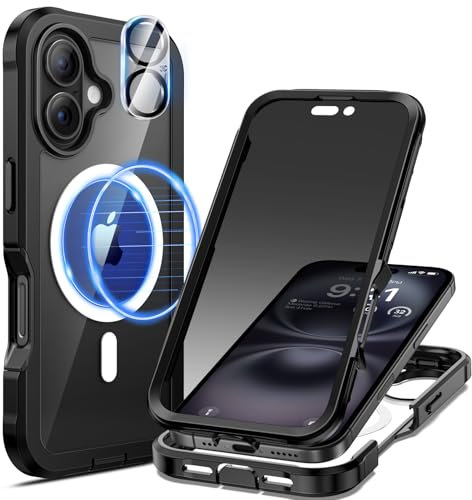 seacosmo Sichtschutz für iPhone 16 Hülle [Kompatibel mit MagSafe], Eingebaut 9H Privacy Schutzglas Screen Protector &Kamera Schutzfolie, 360 Grad Full Body Militärschutz Stoßfest Handyhülle -Schwarz