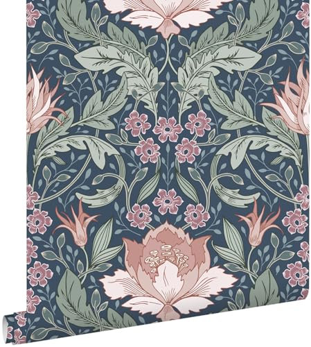 ESTAhome Tapete Blumenmuster im Jugendstil Blau, Grün und Terrakottarosa 50 x 900 cm