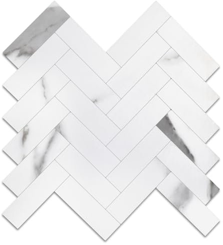 Yipscazo 10 Sheets Herringbone Stick on Tiles,White Marble Splashback for Kitchen Wall, Waterproof Self Adhesive Wall Tiles for Bathroom