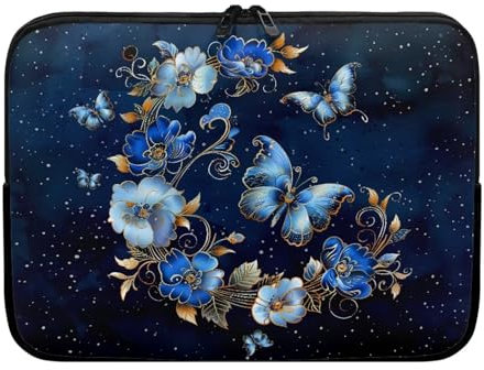 TSOVTHRID Laptophülle, Motiv: Schmetterling, Blumen, Galaxie, Stern, 43,2 cm (17 Zoll), Laptophülle, Tablet-Tasche, Kuriertasche, Aktentasche, Handtasche für Damen und Herren, Blau / Gold