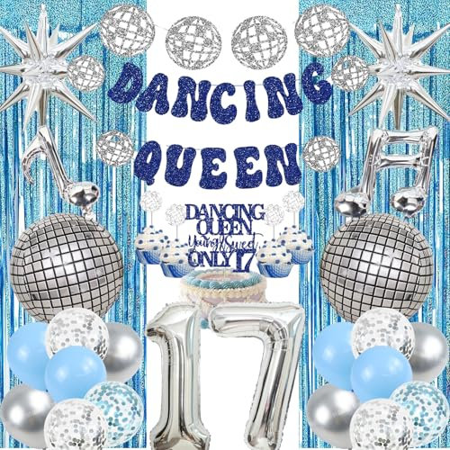 17 Geburtstag MäDchen Dancing Queen - 30 Pcs Dekoration Set Tanzende KöNigin Banner Konfetti Disco Folienballons Regen Vorhang Tortendeko FüR Ihre Mamma Mia Junggesellinnenabschied Und Disco Party