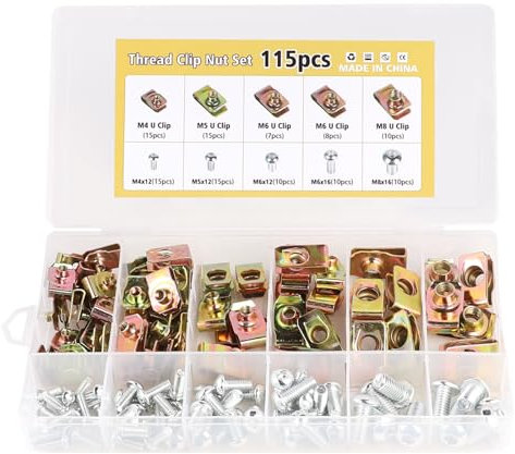 LALAGO Clip à Vis et Écrou de Kit, 115 Pcs M4 M5 M6 M8 de Vis et Écrous de Fixation pour Garde-Boue de Voiture, Écrous Fixation Type U Clips Ecrou, Type U Sous Support de Passage Roue Kit