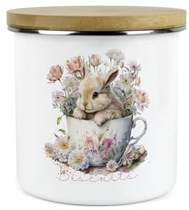 Purely Home Bunny Rabbit Small Biscuits Storage Canister - Teacup Bunny Cute Kitchen Decor - 1.2L Enamel Snacks/Food Storage Container