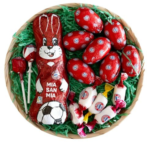 FC Bayern München Osterkörbchen gefüllt mit Schokoladen-Osterhase | -Ostereier | Lollipop | Kaubonbon FCB