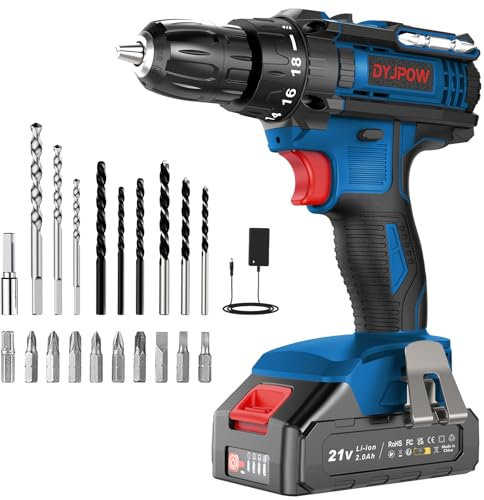 DYJPOW Perceuse Visseuse Sans Fil 21V, Visseuse Devisseuse Sans Fil avec Batterie 2.0Ah, 42Nm Percussion, 18+1 Réglages de Couple, 22 Accessoires, 2 Vitesses, LED, pour le Bricolage, Bleu