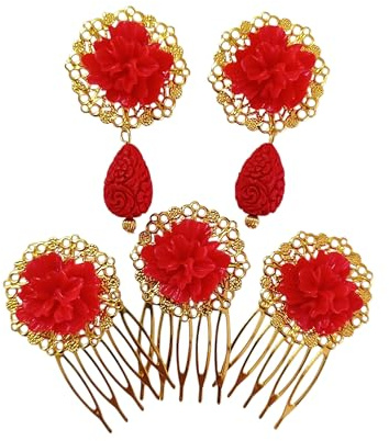 Pendientes de flamenca rojos y tres peinecillos a juego