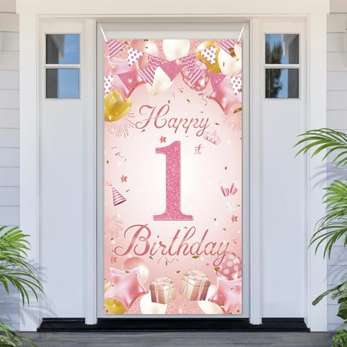 PartyYaa Cartel decorativo para el primer cumpleaños, cubierta de puerta de feliz primer cumpleaños, pancarta de fiesta de oro rosa extra grande para cabina de fotos, póster para interiores y