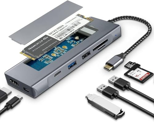 8-in-1 USB C Hub with M.2 NVMe SSD Enclosure, 4K HDMI, 100W PD, 10Gbps USB-C, USB3.1, SD/TF Card Reader for XPS, Dell, MacBook Pro, iPad Pro Upgraded