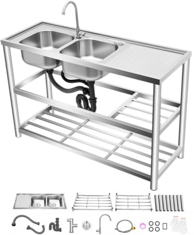 awolsrgiop Fregadero Exterior, Lavabo de Acero Inoxidable 120x45x80 cm, Doble Cubeta 33x33 cm, Fregadero de Cocina con Grifo 360°, Carga Hasta 100kg, para Restaurante, Cocina, Exterior
