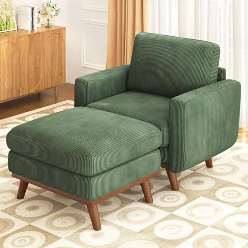 Vesgantti Accent Chair with Movable Ottoman, Comfy Corduroy Armchair with Spring Cushion, Reading Chair with Ottoman, Modern Single Sofa for Living Room, Bedroom and Apartment, Green