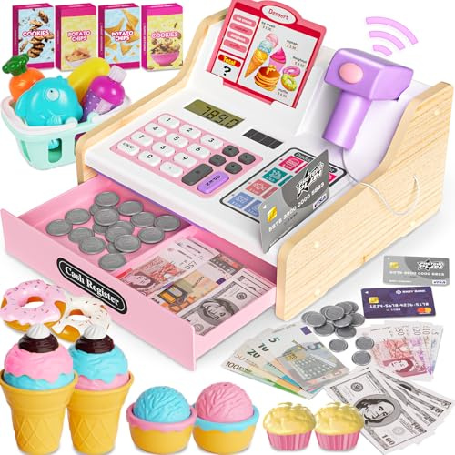 Caisse Enregistreuse Enfants Pour Enfants De 3 À 5 Ans, Caisse Enregistreuse Jouet En Bois Avec Scanner Et Sons, Marchande Pour Enfant Avec Argent Jouet/Pièces/Carte Bancaire/Panier/Accessoires (Rosa)
