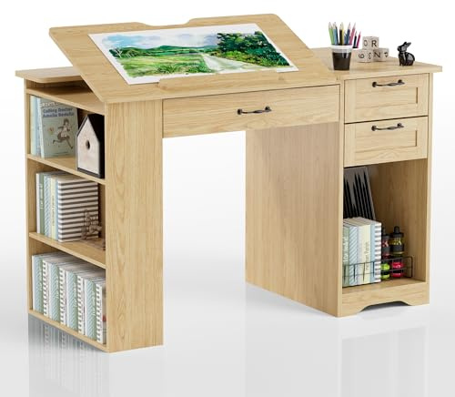 AeasyG Neigbarer Zeichentisch 120x60x76cm, Schreibtisch mit Verstellbarer Platte (0° bis 80°), Maltisch mit 3 Schubladen für Studio, Büro und Zuhause (Holzfarbe)