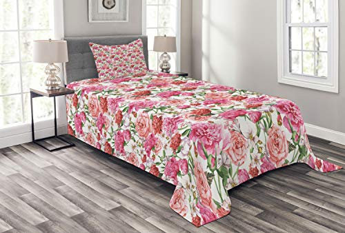 ABAKUHAUS Shabby Chic Tagesdecke Set, Spring Garden Roses, Set mit Kissenbezügen Waschbar, für Einzelbetten 170 x 220 cm, Pink
