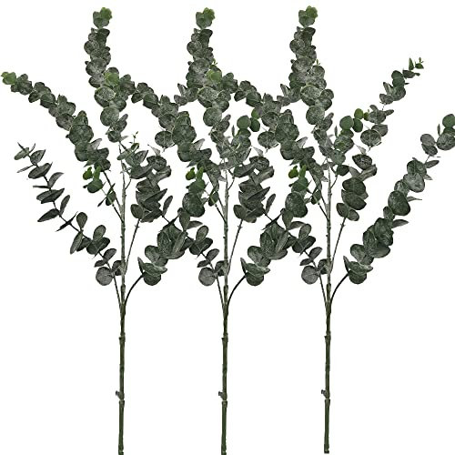 Aisamco 3 Stück Faux Eukalyptus mit 5 Stielen Künstliche Eukalyptuszweige Pflanzen Künstliche Grünpflanzenstiele 35 Hoch in Graugrün für Grünpflanzen Hochzeitsgesellschaft Blumengesteck