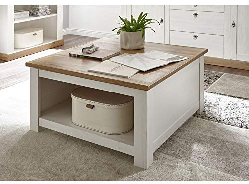 Lomadox Couchtisch Wohnzimmertisch mit Klappe & Stauraum im Landhaus Design in Pinie weiß, Wotan Eiche, B/H/T: 95/50/95cm
