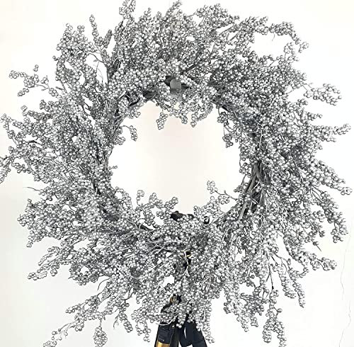 Huashen Weihnachtskranz mit silberner metallischer Beere auf Weinrebe für Tür, Wand, Fenster, Heimdekoration, 66 cm