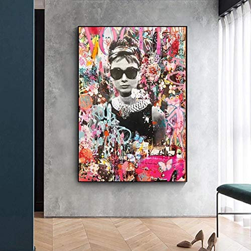 DASHBIG Pop Graffiti Kunst Audrey Hepburn Porträt Kunstdrucke Street Art Promi Poster Leinwand Malerei Wandbilder Wohnzimmer Dekor | 50x70cm Kein Rahmen